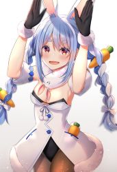 Rule 34 | 1girl, animal ear fluff, animal ears, arms up, black gloves, blue hair, blush, braid, breasts, carrot, carrot hair ornament, cleavage, coat, commentary, cowboy shot, detached sleeves, don-chan (usada pekora), extra ears, eyebrows, food-themed hair ornament, fur trim, gloves, gradient background, hair ornament, highres, hololive, hololive fantasy, in pocket, leotard, long braid, long hair, looking at viewer, medium breasts, multicolored hair, open mouth, pantyhose, playboy bunny, rabbit ears, rabbit girl, rabbit pose, rabbit tail, scarf, smile, solo, strapless, strapless leotard, tail, thick eyebrows, twin braids, two-tone hair, usada pekora, usada pekora (1st costume), virtual youtuber, white background, white coat, white hair, yuteke key
