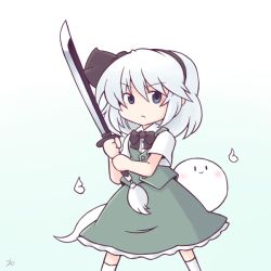 Rule 34 | 1girl, 216, black bow, black bowtie, black hairband, blue eyes, bow, bowtie, closed mouth, gradient background, green skirt, green vest, hairband, holding, holding sword, holding weapon, konpaku youmu, konpaku youmu (ghost), looking at viewer, medium hair, shirt, signature, silver hair, skirt, smile, solo, sword, touhou, v-shaped eyebrows, vest, weapon, white legwear, white shirt