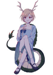 Rule 34 | 1girl, antlers, aqua skirt, black footwear, blonde hair, blue bow, blue shirt, bow, collarbone, crossed legs, dragon girl, dragon horns, dragon tail, full body, hand on own chest, highres, horns, kicchou yachie, looking at viewer, mary janes, open mouth, red eyes, shirt, shoes, short hair, simple background, skirt, smile, socks, solo, tail, touhou, turtle shell, uranaishi (miraura), white background, white socks, wide sleeves