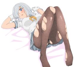 Rule 34 | 1girl, absurdres, black panties, black pantyhose, blue eyes, breasts, commentary request, gloves, grey hair, grey skirt, hair ornament, hair over one eye, hairclip, hamakaze (kancolle), highres, kantai collection, maonatten, medium breasts, neckerchief, panties, pantyhose, pleated skirt, school uniform, short hair, simple background, skirt, solo, torn clothes, torn pantyhose, underwear, white background, white gloves, yellow neckerchief