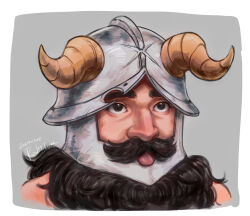 Rule 34 | 1boy, :p, beard, brown hair, cropped shoulders, dungeon meshi, dwarf, facial hair, fake horns, helmet, highres, horned helmet, horns, long beard, looking ahead, male focus, mokouze, realistic, senshi (dungeon meshi), solo, thick eyebrows, thick mustache, tongue, tongue out, very long beard, wrinkled skin