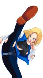 Rule 34 | android 18, aqua eyes, blonde hair, dragon ball, earrings, highres, jewelry, kicking, pantyhose, simple background, torn clothes, torn legwear, upskirt