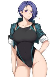 Rule 34 | 1girl, asymmetrical hair, black one-piece swimsuit, blue eyes, blue hair, blush, breasts, collarbone, competition swimsuit, covered navel, fire emblem, fire emblem: three houses, forehead, halcon, highleg, highleg swimsuit, highres, jacket, large breasts, looking at viewer, nintendo, one-piece swimsuit, open clothes, open jacket, parted bangs, shamir nevrand, short hair, short sleeves, simple background, swimsuit, thighs, whistle, whistle around neck, white background