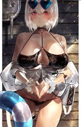 Rule 34 | 1girl, alternate costume, azur lane, bag, bare shoulders, bikini, black bikini, blush, breasts, choker, cleavage, collarbone, commentary request, eyelashes, eyes visible through hair, eyewear on head, gluteal fold, hair between eyes, heart, heart-shaped eyewear, heart-shaped pupils, heavy breathing, highres, innertube, large breasts, looking at viewer, lowleg, lowleg bikini, navel, o-ring, o-ring bikini, o-ring top, off shoulder, parted lips, red eyes, scrunchie, see-through, short hair, shoulder bag, signo aaa, sirius (azur lane), sirius (scorching-hot seirios) (azur lane), smile, solo, string bikini, sunglasses, swim ring, swimsuit, symbol-shaped pupils, thigh strap, white bag, white hair, wrist scrunchie