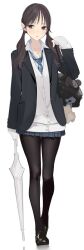 Rule 34 | 1girl, ama mitsuki, bag, black bag, black eyes, black footwear, black jacket, black pantyhose, blazer, blue necktie, blue shirt, blue skirt, brown hair, cardigan, closed mouth, collarbone, collared shirt, commentary, diagonal-striped clothes, diagonal-striped necktie, dress shirt, full body, highres, holding, holding umbrella, jacket, jewelry, long hair, low twintails, necklace, necktie, open clothes, open jacket, original, pantyhose, parted lips, plaid, plaid skirt, pleated skirt, school uniform, shirt, shoulder bag, simple background, skirt, sleeves past wrists, solo, striped clothes, twintails, umbrella, white background, white cardigan