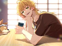 Rule 34 | 1boy, 1other, blonde hair, brown shirt, cup, desk, dog, earrings, genshin impact, green eyes, hair between eyes, hiki yuichi, holding, holding cup, jewelry, long hair, male focus, necklace, open mouth, shiba inu, shirt, taroumaru (genshin impact), thoma (genshin impact)