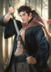 Rule 34 | 1boy, abs, artist name, bandages, bara, bare pectorals, belt, black hair, closed mouth, day, forked eyebrows, genji (overwatch), hakama, hakama pants, hat, hat on back, holding, holding sheath, holding weapon, japanese clothes, katana, looking at viewer, male focus, muscular, muscular male, open clothes, outdoors, overwatch, overwatch 1, pants, pectorals, ponytail, red scarf, samurai, sarashi, scarf, sheath, short hair, solo, sword, unsheathing, weapon, zeilyanart