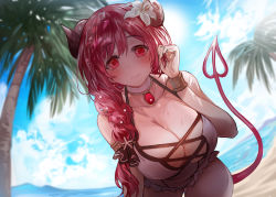 Rule 34 | 1girl, bad id, bad pixiv id, beach, blue sky, braid, breasts, cloud, collarbone, curled horns, day, demon girl, demon horns, demon tail, highres, horns, huge breasts, io (princess connect!), long hair, looking at viewer, one-piece swimsuit, outdoors, palm tree, princess connect!, red eyes, red hair, red tail, single braid, sky, smile, solo, suru (ksoo420), swimsuit, tail, tree, white one-piece swimsuit