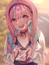 Rule 34 | 1girl, @ @, blue choker, blue hair, blue hairband, blue ribbon, blurry, blurry background, blush, braid, cellphone, choker, collarbone, commentary request, dress, frilled dress, frills, hair between eyes, hairband, highres, holding, holding phone, hololive, kashio (92984798), long hair, long sleeves, looking at viewer, minato aqua, minato aqua (1st costume), minato aqua (hololive summer 2019), minato aqua (sailor), multicolored hair, open mouth, phone, pink eyes, pink hair, puffy sleeves, ribbon, ribbon choker, shadow, sidelocks, smartphone, solo, twin braids, two-tone hair, upper body, virtual youtuber, wavy mouth, white dress