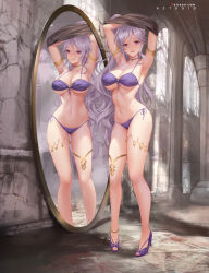 Rule 34 | 1girl, ;d, absurdres, armlet, armpits, arms up, aztodio, bikini, black choker, breasts, choker, clothes lift, collarbone, fire emblem, fire emblem: genealogy of the holy war, full body, gluteal fold, high heels, highres, huge filesize, indoors, ishtar (fire emblem), large breasts, lifted by self, long hair, looking at viewer, mirror, navel, nintendo, one eye closed, open mouth, pigeon-toed, purple bikini, purple eyes, purple footwear, purple ribbon, reflection, ribbon, side-tie bikini bottom, side ponytail, silver hair, smile, solo, standing, stomach, strappy heels, swimsuit, thighlet, toeless footwear, toes, underboob, undressing, very long hair, window