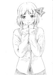 Rule 34 | 1girl, blush, female focus, greyscale, looking at viewer, monochrome, rumia, simple background, smile, solo, touhou, traditional media, vent arbre, white background