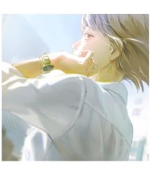 Rule 34 | 1girl, blurry, blurry background, brown hair, covering own mouth, earrings, hand up, highres, jewelry, lia kulea, long sleeves, looking at viewer, original, profile, shirt, short hair, solo, tunapon01, upper body, watch, white shirt, wristwatch