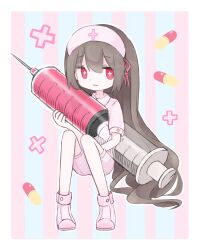 Rule 34 | 1girl, absurdres, border, brown hair, closed mouth, commentary, cross-shaped pupils, full body, hat, highres, holding, holding syringe, kanikan, knees up, long hair, looking at viewer, nurse, nurse cap, original, outline, oversized object, pill, pink footwear, pink hat, pink shirt, pink shorts, red eyes, shirt, shoes, short sleeves, shorts, sitting, solo, striped, striped background, symbol-only commentary, symbol-shaped pupils, syringe, very long hair, white border, white outline