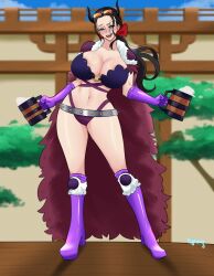 Rule 34 | 1girl, alcohol, alternate costume, ass, beast pirates uniform, beer, beer mug, black hair, blue eyes, blush, boots, breasts, cape, clothes, cup, curvy, drunk, fake horns, female focus, highres, horns, huge ass, huge breasts, long hair, looking at viewer, mug, nico robin, nyabeyo, one piece, open mouth, ponytail, shiny skin, smile, solo, sunglasses, sunglasses on head, thigh boots, thong, very long hair, wide hips
