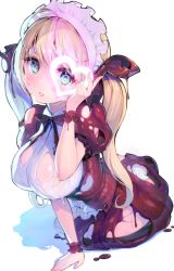 Rule 34 | apron, arm support, ass, blonde hair, blue eyes, breasts, chocolate, frilled sleeves, frills, glowing heart, green eyes, hand up, heart, highres, holding, holding heart, large breasts, lips, looking at viewer, maid apron, maid headdress, melting, multicolored eyes, original, panties, parted lips, puffy short sleeves, puffy sleeves, seiza, short sleeves, simple background, sitting, tinkle bell, twintails, underwear, white background, white panties, wrist cuffs, yokozuwari