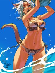 Rule 34 | 1girl, animal ears, arms up, bare shoulders, bikini, blue eyes, blue sky, cat ears, cat girl, cat tail, collarbone, copyright name, dark-skinned female, dark skin, day, facial mark, final fantasy, final fantasy xi, food, fruit, gluteal fold, headband, highres, looking at viewer, midriff, mithra (ff11), navel, no eyebrows, open mouth, outdoors, short hair, side-tie bikini bottom, silver hair, sky, solo, swimsuit, tail, tail raised, teeth, wading, water, watermelon, yuccoshi