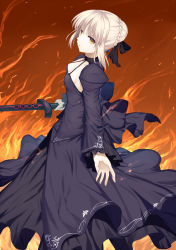Rule 34 | 1girl, abusoru, artoria pendragon (fate), bow, braid, breasts, brown eyes, cleavage, excalibur (fate/stay night), fate/stay night, fate (series), fire, hair bow, hair ribbon, holding, holding sword, holding weapon, looking at viewer, ribbon, saber (fate), saber alter, silver hair, small breasts, solo, sword, weapon