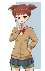 Rule 34 | 1girl, alternate costume, black skirt, blunt bangs, bow, bowtie, brown cardigan, candy, cardigan, commentary, cowboy shot, dress shirt, food, girls und panzer, green shorts, hand on own hip, highres, holding, holding candy, holding food, holding lollipop, lollipop, long sleeves, looking at viewer, mikko (girls und panzer), miniskirt, nasunael, open mouth, pleated skirt, red bow, red bowtie, red eyes, red hair, school uniform, shirt, short hair, short twintails, shorts, shorts under skirt, skirt, smile, solo, standing, twintails, white shirt