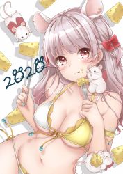 Rule 34 | 1girl, 2020, animal ears, bare shoulders, bikini, blush, bow, breasts, cheese, chinese zodiac, cleavage, collarbone, commentary request, food, food on face, fork, hair bow, highres, knife, long hair, looking at viewer, medium breasts, mikujin (mikuzin24), mouse (animal), mouse ears, navel, original, red bow, red eyes, silver hair, solo, swimsuit, tongue, tongue out, white bikini, yellow bikini