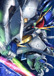 Rule 34 | beam saber, commentary, energy sword, glowing, glowing eyes, green eyes, gundam, gundam hathaway&#039;s flash, highres, looking at viewer, mecha, mobile suit, motion blur, no humans, noir (nowaru), open hand, pov, robot, science fiction, solo, sword, v-fin, weapon, xi gundam