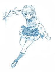 Rule 34 | 1girl, apron, bartender, bbb (friskuser), blue theme, blunt bangs, bow, bowtie, commentary request, cutlass (girls und panzer), diffraction spikes, dress shirt, fork, frilled apron, frills, frown, girls und panzer, handkerchief, highres, holding, holding fork, holding spoon, leaning to the side, leg up, long sleeves, looking at viewer, maid headdress, md5 mismatch, miniskirt, monochrome, parted lips, partial commentary, pleated skirt, print legwear, resolution mismatch, school uniform, shirt, short hair, skirt, solo, source smaller, spoon, standing, standing on one leg, traditional media, vest, waist apron, wing collar