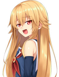 Rule 34 | 1girl, arm warmers, bare shoulders, blonde hair, blue sailor collar, blue shirt, fang, from side, gem, hair between eyes, hair flaps, half-closed eyes, long hair, looking at viewer, looking to the side, mahcdai, neckerchief, open mouth, original, red eyes, red neckerchief, sailor collar, shirt, sidelocks, simple background, sleeveless, sleeveless shirt, slit pupils, solo, upper body, white background