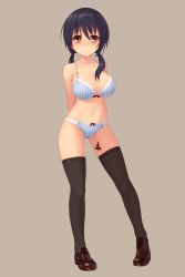Rule 34 | 1girl, absurdres, arms behind back, bad id, bad pixiv id, black hair, black thighhighs, blue bra, blue panties, blush, bow, bow bra, bow panties, bra, breasts, brown background, brown eyes, brown footwear, butterfly tattoo, cleavage, closed mouth, frilled bra, frills, full body, hair over shoulder, highres, kajanda, leg tattoo, loafers, long hair, looking at viewer, medium breasts, original, panties, shoes, simple background, smile, solo, standing, striped bra, striped clothes, striped panties, tattoo, thighhighs, twintails, underwear, underwear only, vertical-striped bra, vertical-striped clothes, vertical-striped panties