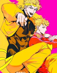 Rule 34 | 2boys, black nails, blonde hair, bracelet, braid, dio brando, fangs, father and son, giorno giovanna, green eyes, headband, heart, height difference, highres, hug, hug from behind, jacket, jewelry, jojo no kimyou na bouken, long hair, long sleeves, looking at viewer, male focus, multiple boys, muscular, muscular male, pants, parody, pink jacket, pointing, shenshan laolin, stardust crusaders, sweatdrop, vampire, vento aureo, yellow jacket, yellow pants