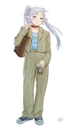 Rule 34 | 1girl, :3, absurdres, alternate costume, bag, blue shirt, brand name imitation, brown jacket, brown pants, casual, choker, closed mouth, coffee cup, contemporary, cup, dangle earrings, disposable cup, drop earrings, earrings, elf, frieren, full body, green eyes, grey hair, highres, holding, holding cup, jacket, jewelry, justin leyva (steamy tomato), pants, pointy ears, red choker, shirt, shoes, shoulder bag, simple background, sneakers, solo, sousou no frieren, standing, starbucks, striped clothes, striped shirt, twintails, white background