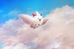 Rule 34 | :d, cloud, commentary request, creatures (company), day, closed eyes, flying, full body, game freak, gen 4 pokemon, highres, nintendo, no humans, open mouth, outdoors, pokemon, pokemon (creature), sky, smile, solo, togekiss, tongue, uninori