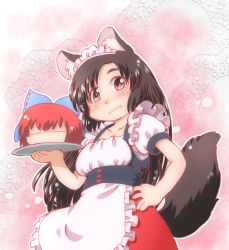 Rule 34 | 2girls, adapted costume, alternate costume, animal ears, apron, blush, brown hair, closed eyes, cowboy shot, disembodied head, doily, enmaided, expressionless, fang, fang out, gradient background, hair ribbon, hand on own hip, head, imaizumi kagerou, long hair, looking at viewer, maid, maid apron, maid headdress, matty (zuwzi), multiple girls, pink background, puffy short sleeves, puffy sleeves, red eyes, red hair, ribbon, saucer, sekibanki, short sleeves, tail, touhou, tray, underbust, wolf ears, wolf tail