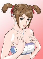Rule 34 | 1girl, bandeau, bare shoulders, breasts, brown eyes, brown hair, capcom, character request, collarbone, double bun, earrings, female focus, hand on own chest, hands on own chest, jewelry, lipstick, makeup, monster hunter (series), necklace, oshiyan, short hair, solo, strapless, tube top, twintails
