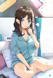 Rule 34 | 1girl, absurdres, bare legs, bed, blanket, blue eyes, blue shirt, blush, breasts, brown hair, cellphone, cleavage, clock, collarbone, collared shirt, curtains, foot out of frame, hair behind ear, hair ornament, hairclip, hand on own leg, hand up, highres, indoors, long hair, looking at viewer, medium breasts, medium hair, morning, on bed, open mouth, original, pajamas, phone, pillow, shirt, short sleeves, signature, sitting, smartphone, solo, takenoko no you, thighs, waking up, window, yawning