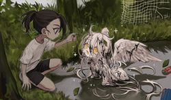 Rule 34 | 1boy, 1girl, animal ears, bird ears, black eyes, black hair, black shorts, blouse, brown hair, can, closed mouth, colored skin, dark-skinned male, dark skin, dirty, drink can, feathered wings, feathers, from side, grass, high ponytail, holding, holding leaf, horns, ishida umi, leaf, leaf on head, long hair, looking at another, lying, messy hair, monster girl, on back, on grass, on ground, on side, open mouth, original, outdoors, partially submerged, pond, ponytail, profile, shirt, short hair, short ponytail, short sleeves, shorts, single horn, smile, soda can, sparkle, squatting, t-shirt, trash, very long hair, water, white hair, white shirt, white skin, wings, yellow eyes