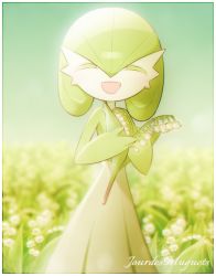 Rule 34 | 1girl, ^ ^, blurry, blurry background, bob cut, border, closed eyes, colored eyelashes, colored skin, creatures (company), facing viewer, female focus, field, flat chest, flower, flower field, french text, game freak, gardevoir, gen 3 pokemon, gradient sky, green hair, green skin, green sky, green theme, hair between eyes, hands up, happy, holding, holding flower, lily of the valley, lotosu, multicolored skin, nintendo, open mouth, own hands together, pokemon, pokemon (creature), short hair, sky, smile, solo, standing, sunlight, translation request, two-tone skin, white border, white flower, white skin