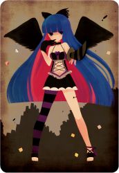 Rule 34 | 10s, 1girl, ayu (mog), bad id, bad pixiv id, black wings, colored inner hair, dark persona, multicolored hair, panty &amp; stocking with garterbelt, rounded corners, ruchiru, single thighhigh, solo, stocking (psg), striped clothes, striped thighhighs, stripes i &amp; ii, sword, thighhighs, two-tone hair, weapon, wings