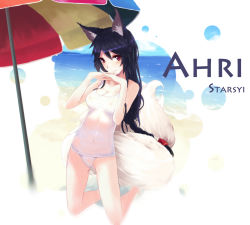 Rule 34 | 1girl, ahri (league of legends), animal ears, bare shoulders, beach, beach umbrella, blue hair, braid, breasts, cleavage, covered erect nipples, fox ears, fox girl, fox tail, interlocked fingers, kneeling, league of legends, long hair, looking at viewer, medium breasts, multiple tails, nipples, one-piece swimsuit, parasol, pussy, revision, school swimsuit, shore, solo, starsyi, swimsuit, tail, umbrella, white school swimsuit, white one-piece swimsuit