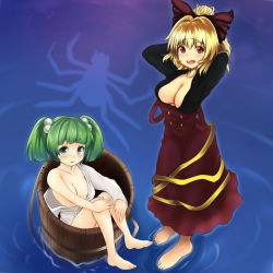 Rule 34 | 2girls, bad id, bad pixiv id, bare shoulders, barefoot, blonde hair, blush, bow, breast slip, breasts, bucket, cleavage, collarbone, artistic error, female focus, ginji74, green eyes, green hair, hair bobbles, hair bow, hair ornament, in bucket, in container, kisume, kurodani yamame, large breasts, long sleeves, multiple girls, off shoulder, one breast out, open mouth, red eyes, short hair, team shanghai alice, touhou, twintails, wrong foot