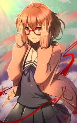 Rule 34 | 1girl, 2019, bandaged hand, bandages, black shirt, black skirt, blood, blue ribbon, blurry, blurry background, blush, brown cardigan, brown eyes, brown hair, cardigan, closed mouth, commentary request, depth of field, glasses, hair between eyes, hands up, highres, kosumi, kuriyama mirai, kyoto animation, kyoukai no kanata, long sleeves, neck ribbon, open cardigan, open clothes, pleated skirt, red-framed eyewear, ribbon, sailor collar, shirt, signature, skirt, sleeves past wrists, smile, solo, white sailor collar