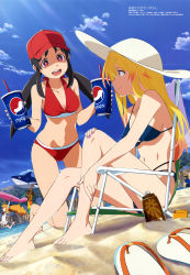 Rule 34 | 2boys, 3girls, :d, absurdres, arms up, baseball cap, beach, beach chair, beach umbrella, bikini, black hair, black shorts, blonde hair, blue bikini, blue shirt, blue sky, blunt bangs, brand name imitation, breasts, brown hair, building, character request, cleavage, cliff, cloud, cup, day, disposable cup, drinking straw, dutch angle, eiga daisuki pompo-san, eye contact, flip-flops, full body, gene fini, green pants, hat, highres, holding, holding cup, holding surfboard, inflatable shark, inflatable toy, joelle pomponett, kneeling, light rays, long hair, looking at another, medium breasts, megami magazine, mountain, multiple boys, multiple girls, mystia (eiga daisuki pompo-san), nathalie woodward, navel, ocean, official art, one-piece swimsuit, open mouth, orange hair, outdoors, pants, pepsi, red bikini, red eyes, red headwear, running, sand, sandals, scan, shimizu keita, shirt, shorts, sideboob, sitting, sky, small breasts, smile, sun hat, sunbeam, sunglasses, sunlight, surfboard, swimsuit, teeth, twintails, umbrella, upper teeth only, white headwear, white one-piece swimsuit, yellow shirt