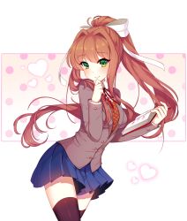 Rule 34 | 1girl, black thighhighs, blazer, blue skirt, blush, book, bow, breasts, brown hair, closed mouth, collared shirt, commentary, cowboy shot, doki doki literature club, green eyes, grey jacket, hair bow, hair intakes, hand on own chin, heart, heart background, highres, holding, holding book, jacket, long hair, long sleeves, looking at viewer, medium breasts, miniskirt, monika (doki doki literature club), neck ribbon, omaoti, pleated skirt, ponytail, red ribbon, ribbon, school uniform, shirt, sidelocks, simple background, skirt, smile, solo, standing, thighhighs, very long hair, vest, white background, white shirt, wing collar, zettai ryouiki