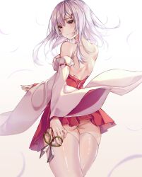 Rule 34 | 1girl, ass, back, blush, breasts, fage, floating hair, highres, japanese clothes, long hair, long sleeves, looking to the side, medium breasts, miko, original, pink eyes, pink hair, scissors, serious, skirt, thighhighs, white background, white hair
