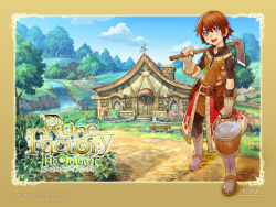 Rule 34 | 1boy, :d, blue sky, brown hair, bucket, building, day, fingerless gloves, flower, gloves, harvest moon, hoe, house, looking at viewer, male focus, nature, open mouth, outdoors, over shoulder, raguna, rune factory, rune factory frontier, sky, smile, solo, standing, wallpaper, water, waterfall, worktool