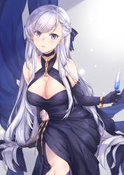 Rule 34 | 1girl, :d, alternate costume, azur lane, belfast (azur lane), belfast (the noble attendant) (azur lane), black ribbon, blush, braid, breasts, cleavage, cup, dress, elbow gloves, gloves, hair ribbon, halter dress, halterneck, highres, holding, holding cup, jewelry, kon (k0n16), large breasts, long hair, looking at viewer, open mouth, purple eyes, ribbon, sidelocks, silver hair, smile, standing