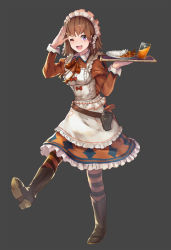 Rule 34 | ;d, apron, black footwear, boots, curry, food, grey background, gun, handgun, highres, holding, holding tray, holster, juice, loolook, maid, maid apron, one eye closed, open mouth, orange juice, orange pantyhose, original, pantyhose, purple eyes, revolver, salute, smile, solo, standing, striped clothes, striped pantyhose, tray, weapon
