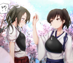 Rule 34 | !?, 2girls, baileys (tranquillity650), blurry, blurry background, blush, breasts, brown eyes, brown hair, cherry blossoms, collarbone, day, expressionless, green eyes, green hair, hair between eyes, hair ribbon, hand up, highres, japanese clothes, kaga (kancolle), kantai collection, large breasts, long hair, looking down, multiple girls, muneate, open mouth, outdoors, parted lips, ribbon, side ponytail, signature, smile, spoken interrobang, tasuki, twintails, zuikaku (kancolle)