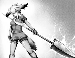 Rule 34 | 1girl, arm at side, bird tail, bodystocking, breast pocket, clenched hand, collared shirt, cowboy shot, energy, fingerless gloves, floating hair, gloves, greyscale, hair between eyes, holding, holding polearm, holding spear, holding weapon, kemono friends, layered sleeves, long hair, long sleeves, looking at viewer, low ponytail, monochrome, multicolored hair, necktie, outstretched arm, pantyhose, pocket, polearm, reference, serious, shirt, shoebill (kemono friends), short over long sleeves, short sleeves, shorts, side ponytail, solo, spear, standing, tail, toritora, ushio to tora, weapon, wing collar