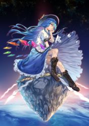 Rule 34 | 1girl, black footwear, black hat, blue hair, blue skirt, boots, closed mouth, cloud, cross-laced footwear, crossed legs, floating, food, from side, fruit, full body, hair between eyes, hand on own chin, hat, highres, hinanawi tenshi, key, lace-up boots, long hair, looking at viewer, one eye closed, outdoors, peach, purple eyes, rope, shimenawa, short sleeves, sitting, skirt, sky, solo, star (sky), starry sky, touhou, u u zan