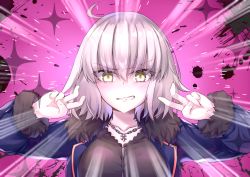 Rule 34 | 1girl, ahoge, black dress, blush, breasts, clenched teeth, coat, double v, dress, emotional engine - full drive, emphasis lines, fate/grand order, fate (series), fur-trimmed coat, fur trim, grimace, hands up, hane yuki, jeanne d&#039;arc (fate), jeanne d&#039;arc alter (fate), jeanne d&#039;arc alter (ver. shinjuku 1999) (fate), large breasts, long sleeves, looking at viewer, official alternate costume, open clothes, open coat, parody, pink background, short hair, silver hair, solo, sparkle, teeth, v, wicked dragon witch ver. shinjuku 1999, yellow eyes