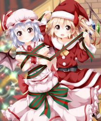 Rule 34 | 2girls, 3:, :d, alternate costume, bat wings, bdsm, blonde hair, blush, bondage, bound, christmas, dress, flandre scarlet, gift wrapping, hat, highres, looking at viewer, mob cap, multiple girls, open mouth, purple hair, red eyes, remilia scarlet, ruu (tksymkw), santa costume, short hair, siblings, side ponytail, sisters, smile, tied up (nonsexual), touhou, wings, wrapped up